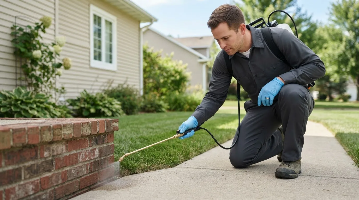 Pest control technician treating a home near Alleman, IA