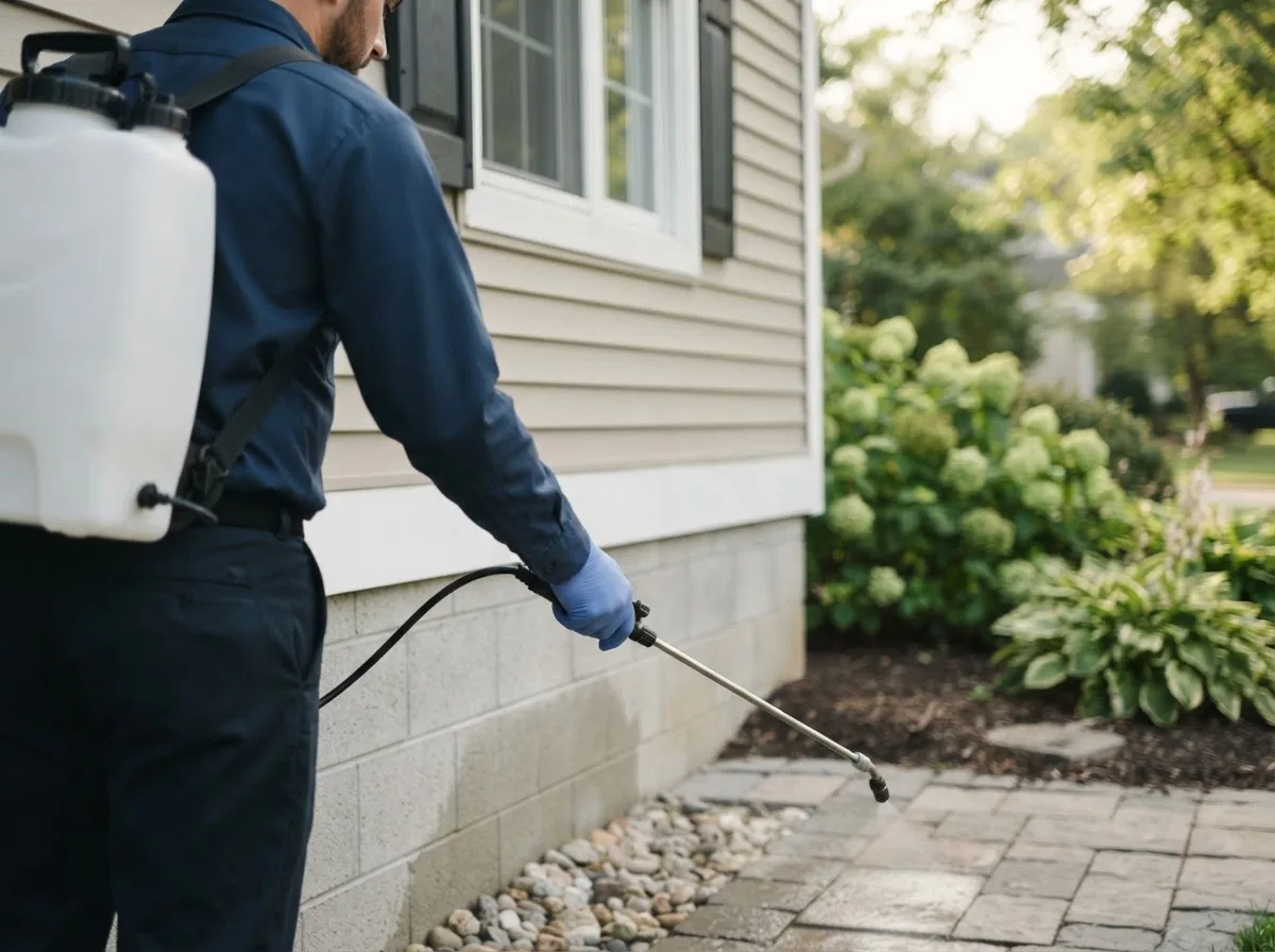 Pest control technician inspecting a home in Alleman, IA